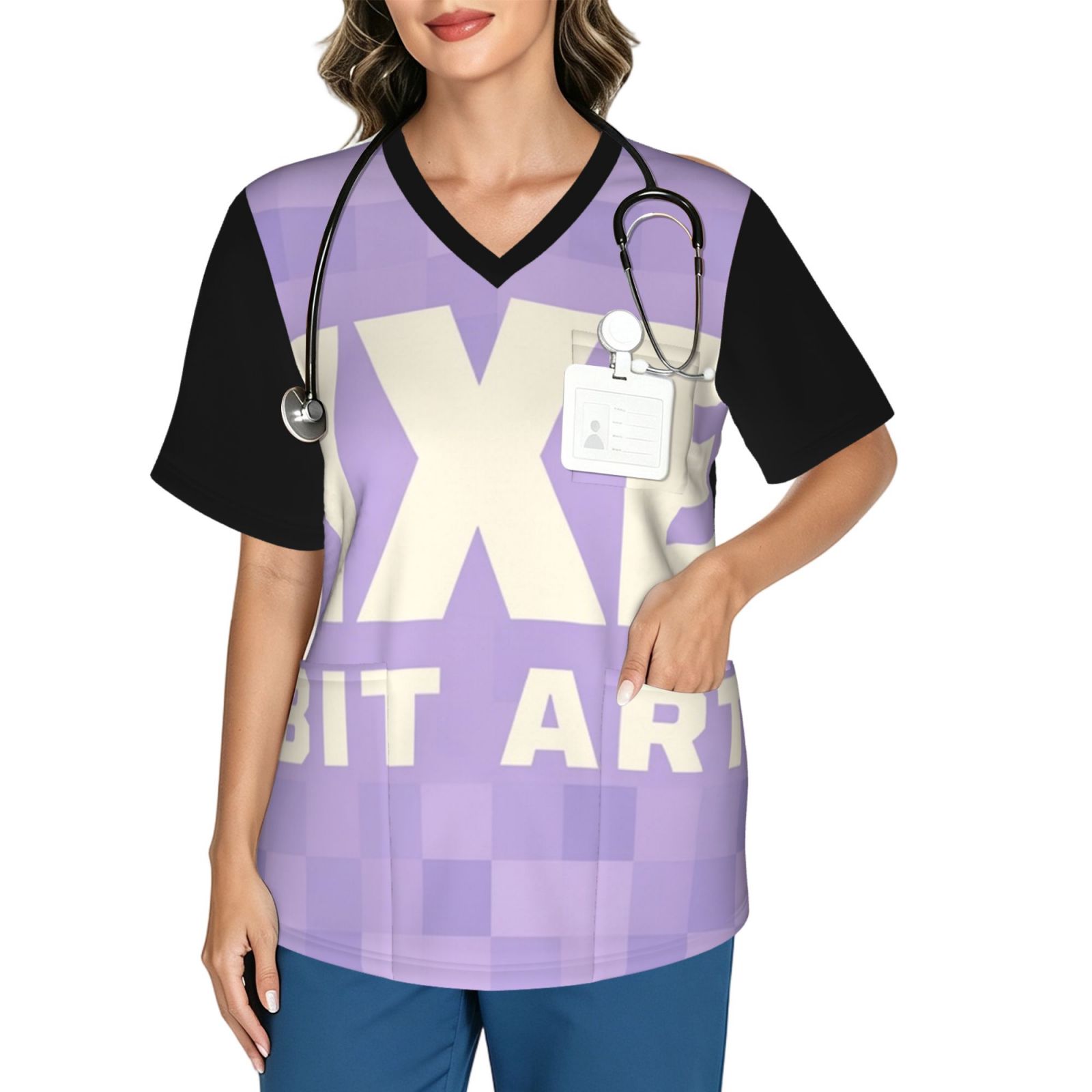 pixeltxt_scrub_2496x2991 Women's V neck scrub top