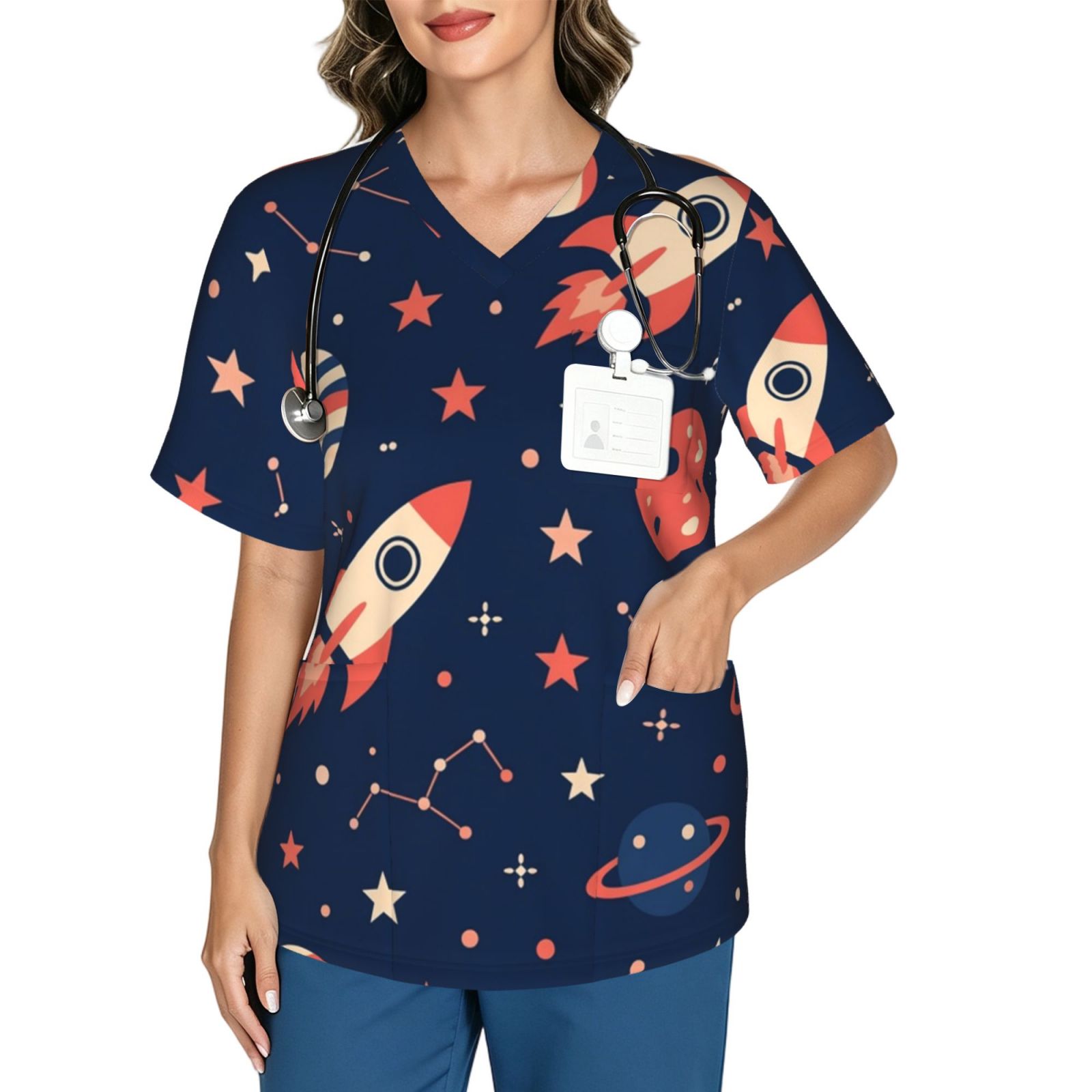 spacerocket_scrub_2496x2991 Women's V neck scrub top